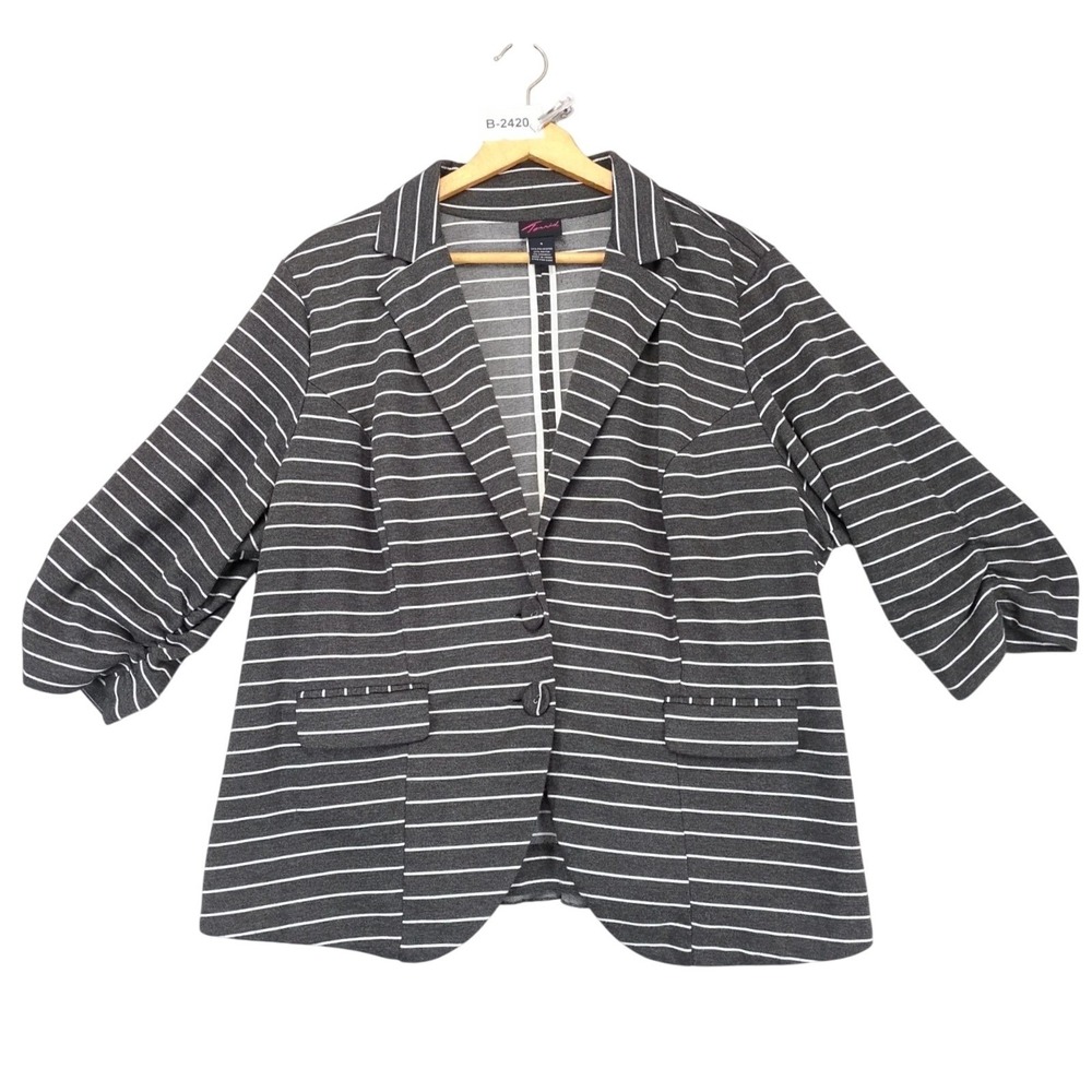 Torrid Gray Striped Blazer Jacket Womens Plus Size 3X Ruched Slv Ruffle Back Y2K